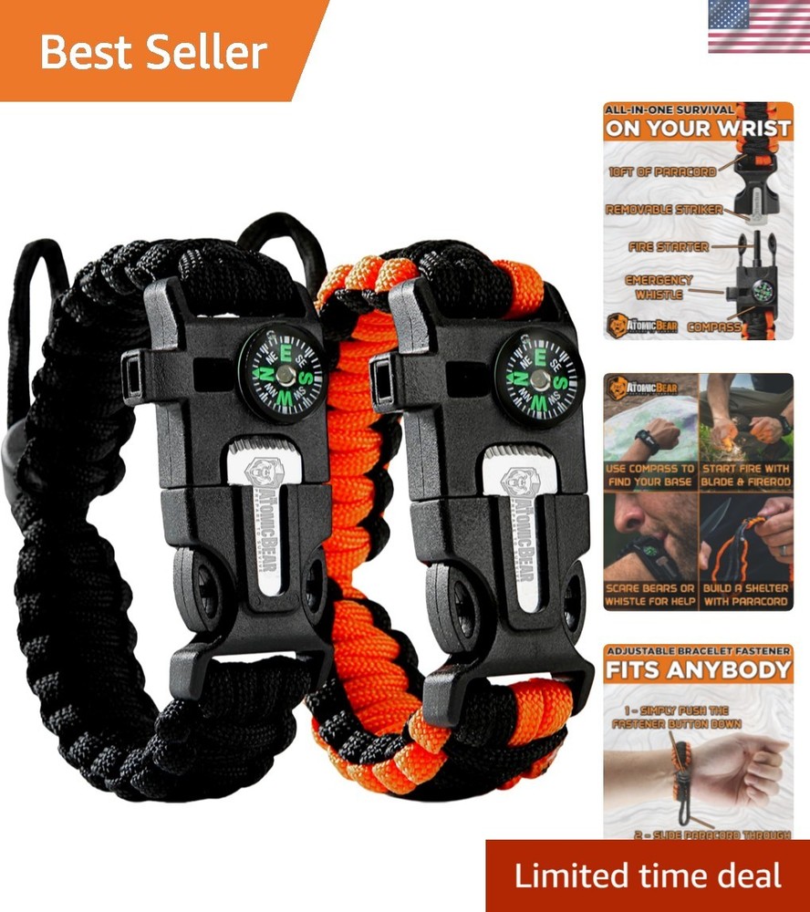 Atomic Bear Paracord Bracelet 2 Pack – Adjustable – Fire Starter – Loud Whist…