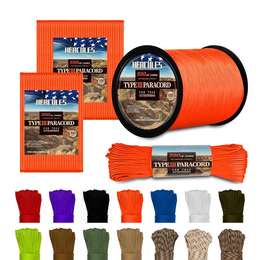 HERCULES Type III Paracord 550 7 Strand – 4mm – 50 Feet, Neon Orange
