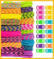 550 Paracord Crafting Kit 20-Color Neon 200ft Rope 20x 3/8″ Buckles DIY Bracelet