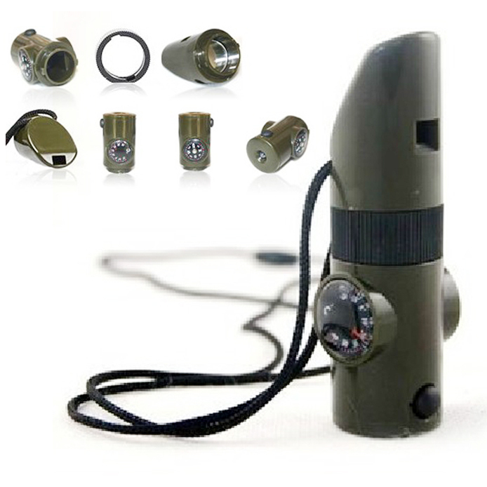 2PK 7-In-1 Camping Survival Whistle Compass Thermometer LED Flashlight Magnifier