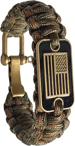 Green Camo Bracelet 3 Adjustable Sizes Paracord For Men With Bronze USA Flag