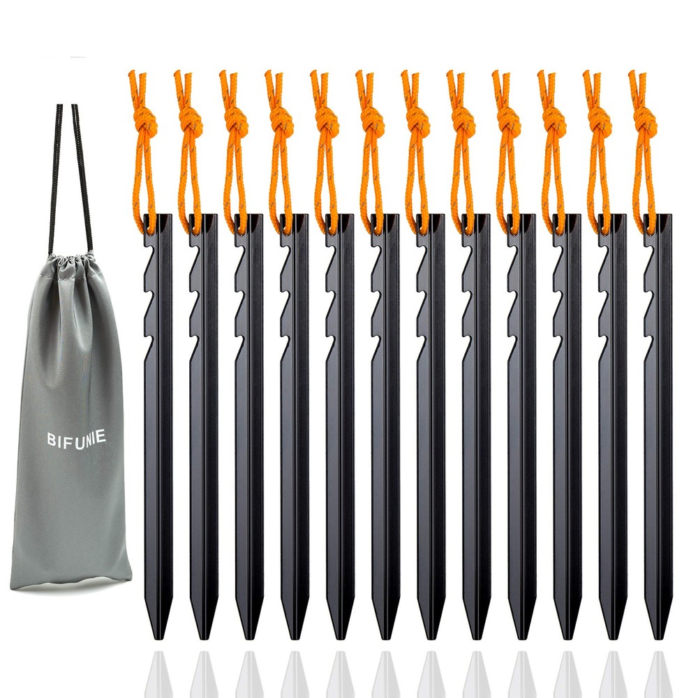 12 Pack Aluminum Alloy Tent Stakes Pegs Ground Pegs with Black Camping Cord