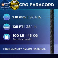 TECEUM Micro Paracord Rope – Thin Braided Cord for Crafting, 125 ft, Black