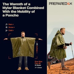 PREPARED4X Emergency Poncho and Mylar Blanket Liner – X-Large, Green 4-pack