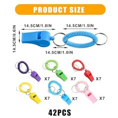 42 Pcs Sport Whistle with Bracelet, 6 Colors Loud Plastic Whistles with