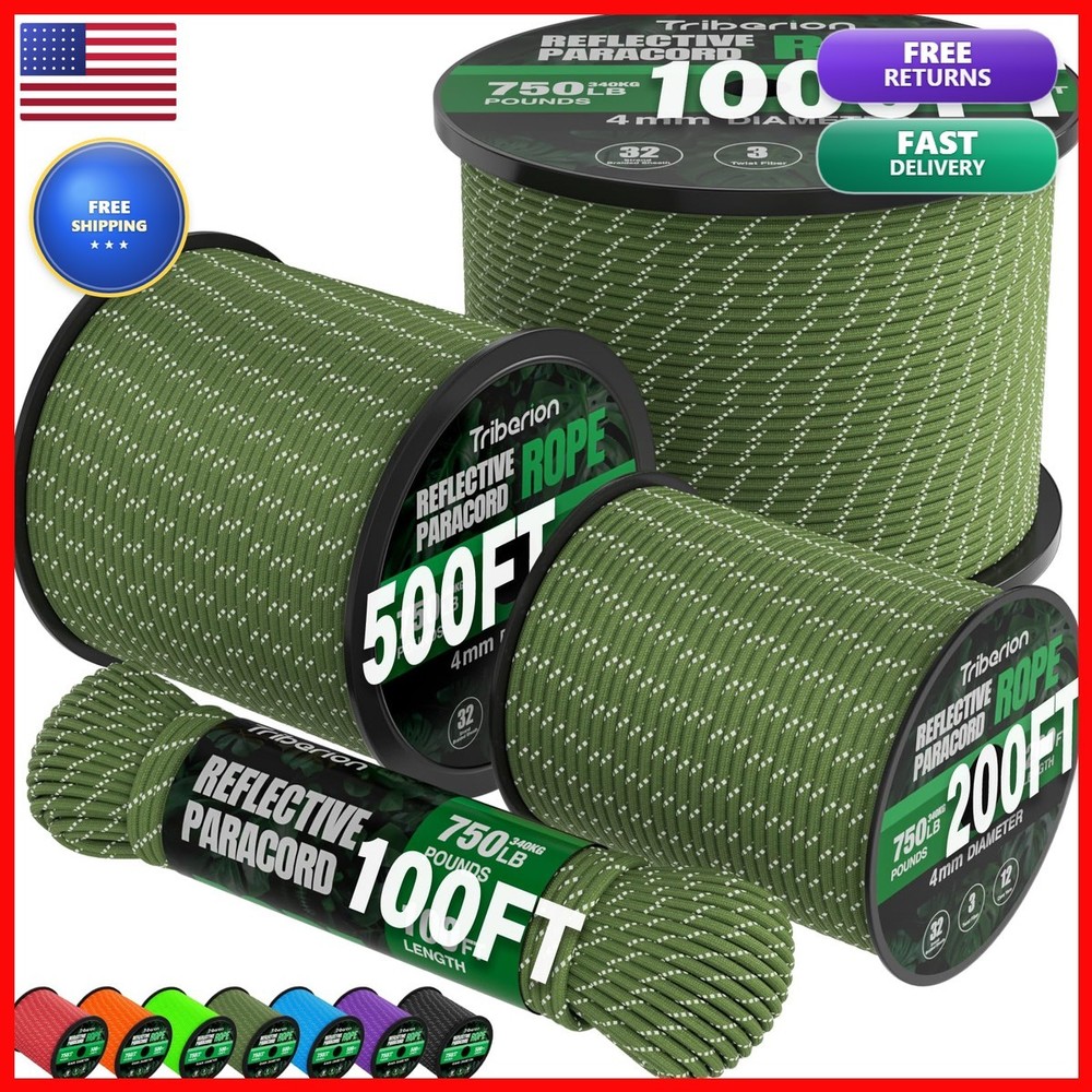 Triberion Reflective Paracord Rope 750 lb 50ft 5/32″ 12-Strand Army Green