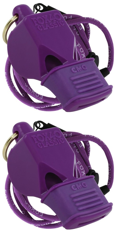 Fox 40 Classic CMG Safety 3-Chamber Pealess Whistle + Lanyard, Purple (2-Pack)
