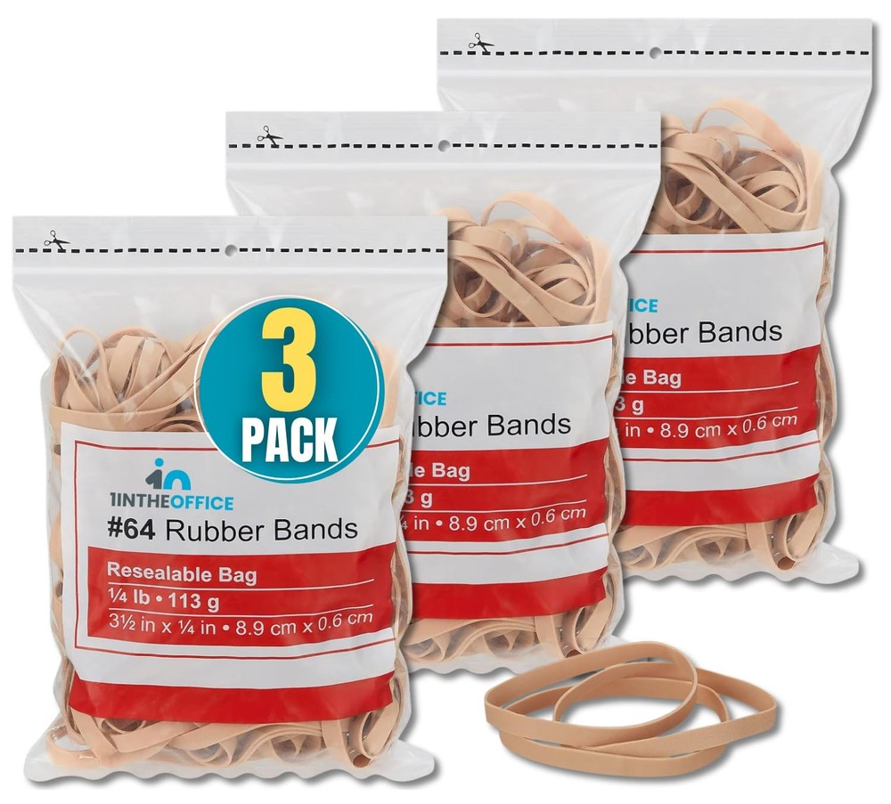1InTheOffice Rubber Bands Size 64, Elastic 1/4 lb., 3Pack