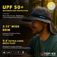 TOP-EX Cooling UV Sun Hat for Large Heads Wide Brim Large-X-Large, Dark Grey