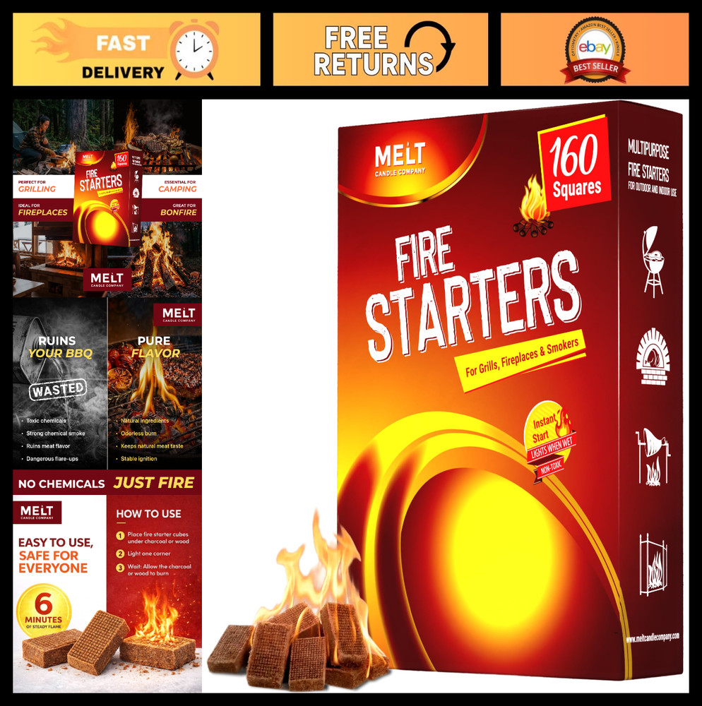 160 Fire Starter Squares – Charcoal Fire Starters for Campfires, BBQ, Outdoor Us