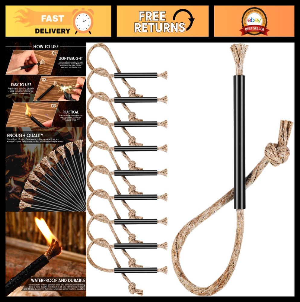 10 Pcs Waterproof Fire Starter Rope & Wick Set for Camping, Hiking, Outdoor Surv