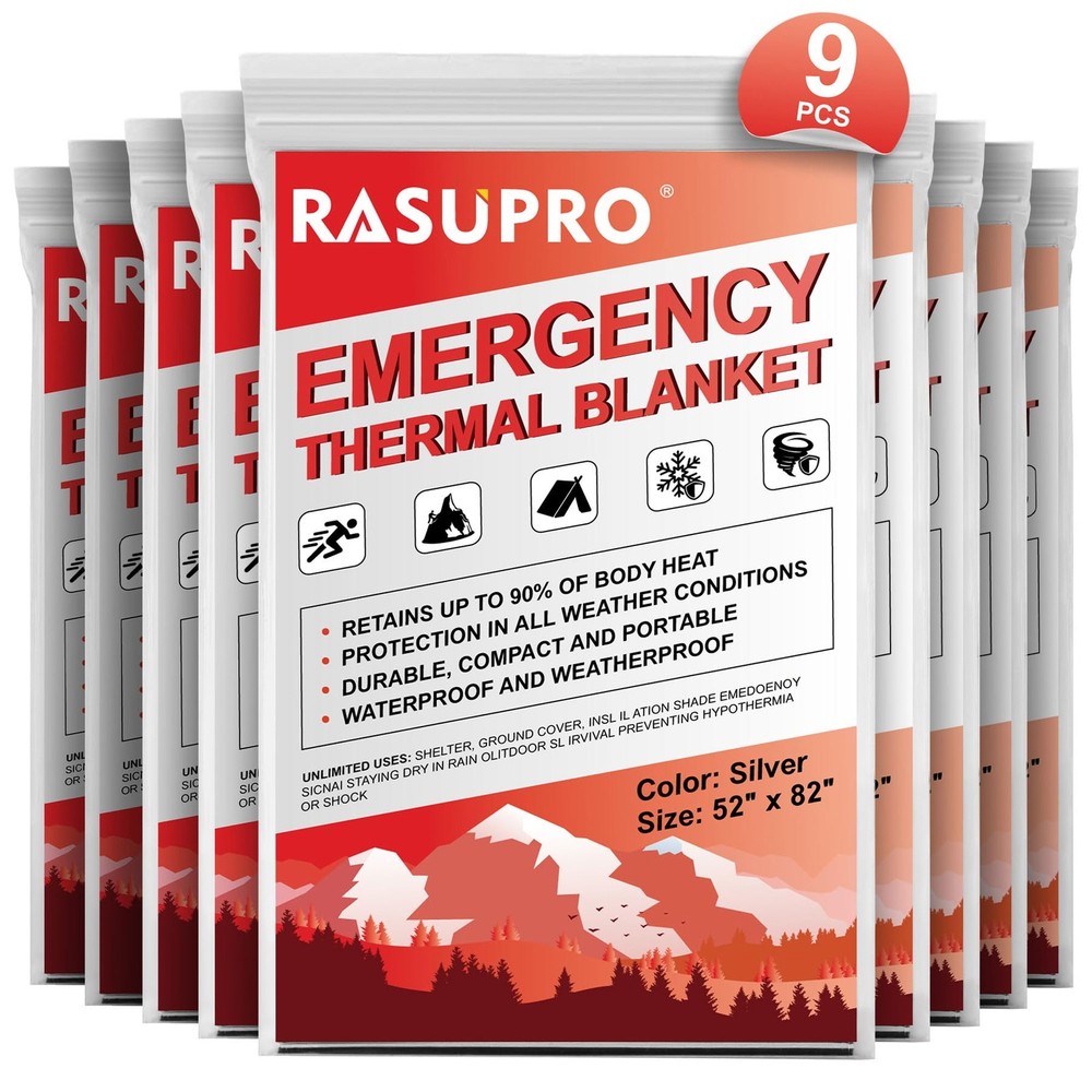 Rasupro 9 Pack Emergency Blankets Outdoor Survival Emergency Insulated Gear