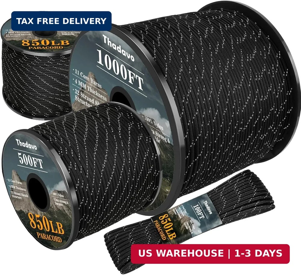 850Ib Reflective Paracord Rope, 50/100/200/500/1000Ft 4MM 11 Strand Parachute Co