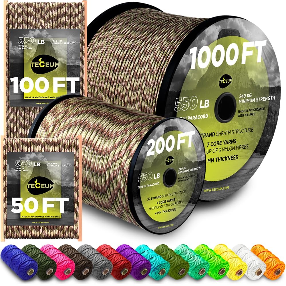 Teceum Paracord Type Iii 550 Camo 200 Ft 4Mm Tactical Rope Mil-Spec Outdoor