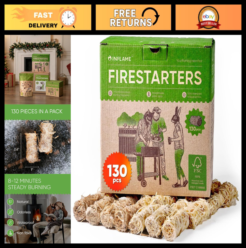 130 pcs Fire Starters for Campfires, BBQ, Grill & Fireplace – Waterproof, Natura