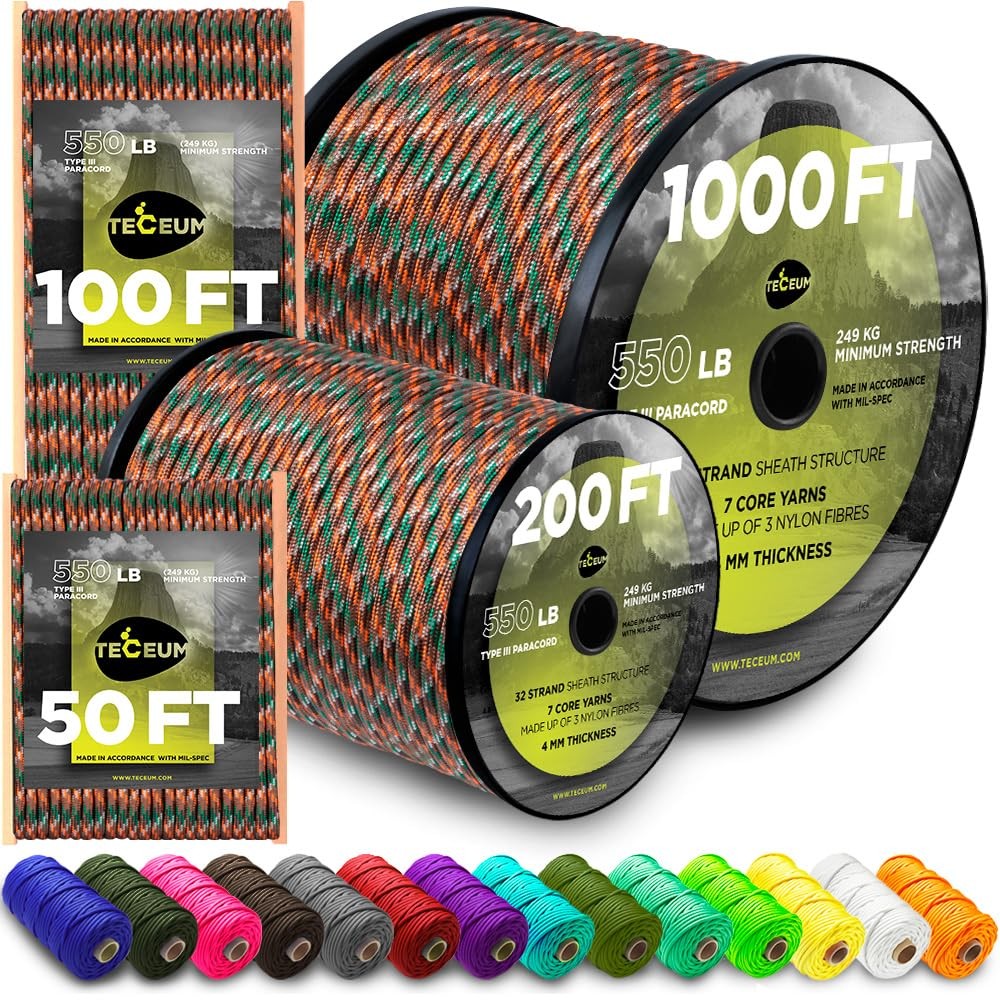 Teceum Paracord Type Iii 550 Mixed Camo 100 Ft 4Mm Tactical Rope Mil-Spec