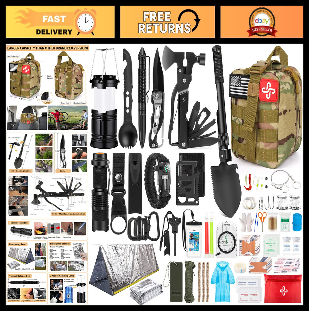 250Pcs Survival Gear Kit with Molle Bag & Emergency Tent – First Aid, Hiking, Ou