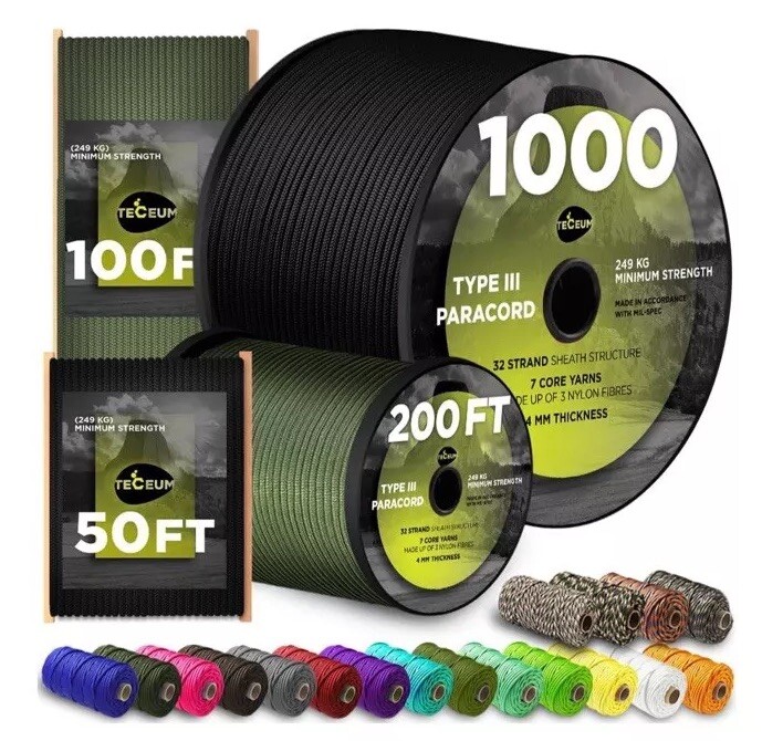TECEUM Black Paracord 550 Lb Heavy Duty Tactical Rope Cord Camping Outdoor 100ft