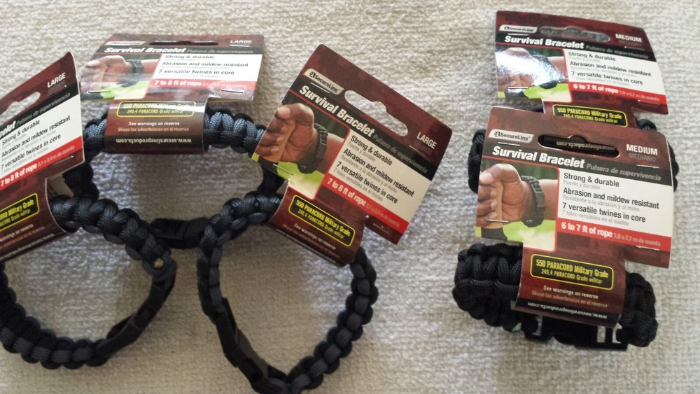 Secure Line Survival bracelet (Lot of 5) 3 Large 2 Medium size camping hiking