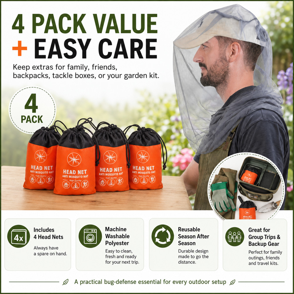 4 Pack Mosquito Head Net Bug Mesh Face Protector for Camping Hiking Fishing Hat