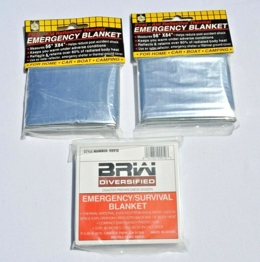 NEW EMERGENCY BLANKETS 2@56″ x 84″ 1@52″x84″ SILVER REFLECTIVE THERMAL LOT OF 3