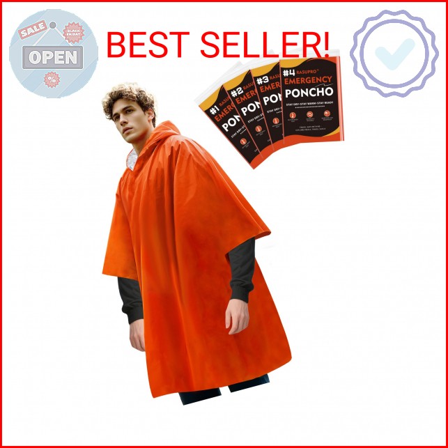 Rasupro 4 Pack Emergency Ponchos with Thickened Mylar Blanket Lining, Windproof,