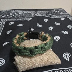 Paracord Bracelet Green/Tan w/ Black Shackle Buckle Clasp, Adjustable, 1 Pack