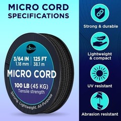 Micro Paracord – Black – 1.18 Mm X 125 Ft – Micro Utility Cord – Thin Braided Pa