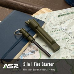ASR Outdoor 3 in 1 Flint Rod Striker Fire Starter Whistle Orange Green Black