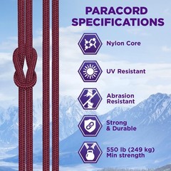 Teceum Paracord Type Iii 550 Burgundi 200 Ft 4Mm Tactical Rope Mil-Spec Outdoor