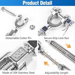 6 PCS M5 Turnbuckle 3/16″ 304 Stainless Steel Jaw and Jaw 3/16″-6 Pack Silver