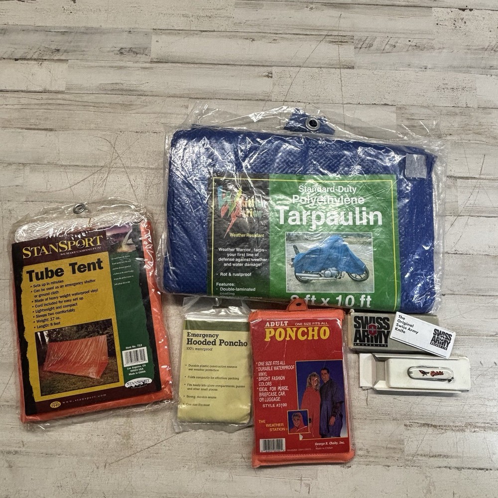 Stansport Survival Kit Lot Tube Tent Tarp Ponchos Swiss Army Knife NOS