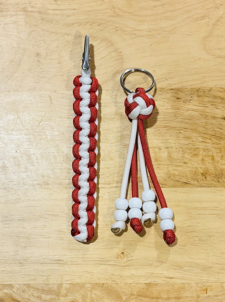 Red & White Nylon Paracord Keychain & Card Grabber/Roach clip.