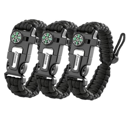 Paracord Survival Bracelet (3 Pack) – Adjustable with Fire Starter, Black (3pc)