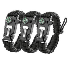 Paracord Survival Bracelet (3 Pack) – Adjustable with Fire Starter, Black (3pc)