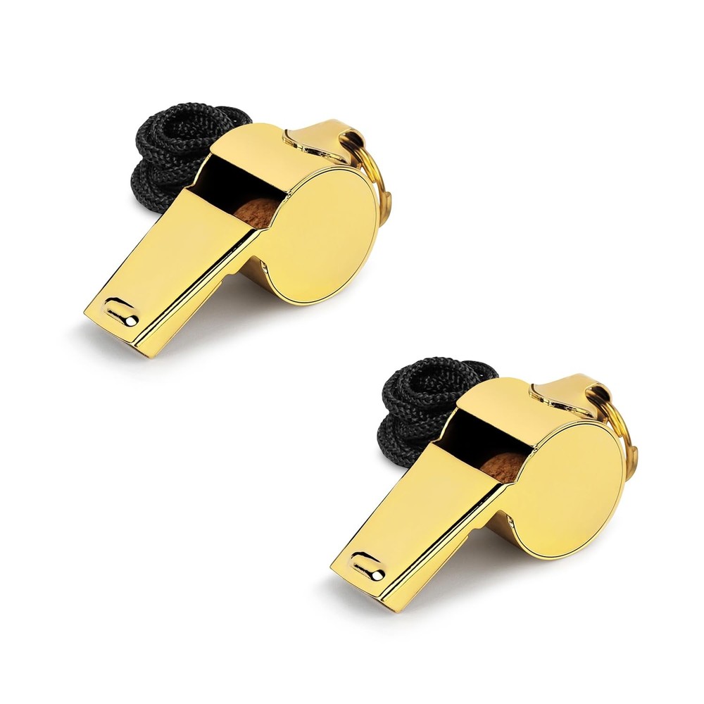 Gold Whistle with Lanyard, Stainless Steel Metal Whistles, 2 Packs
