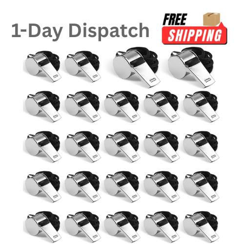 24 Pack Stainless Steel Whistles with Lanyards – Loud