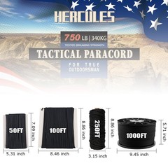 HERCULES 750lb Paracord 4mm 11 Strands Tactical Parachute Cord, 100FT, Black