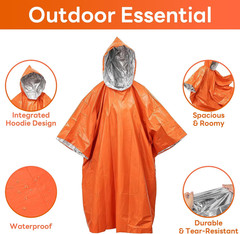 Emergency Mylar Poncho 4 Pack, Waterproof Windproof Thermal Foil Rain Poncho, Po