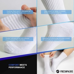 Freshpairs Cushioned Crew Socks, Moisture Wicking Breathable Medium, White