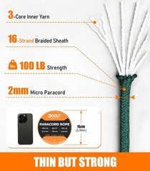 2mm Paracord 100lb, Thin Micro Paracord Rope, DKGreen 250FT Nylon Cord for Cr…