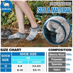 Merino Wool Hiking No Show Running Socks Thick Warm Low Medium, Grey Mixed