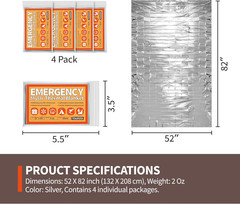 Emergency Thermal Blanket, 4 Pack, Mylar Space Blankets Survival Gear