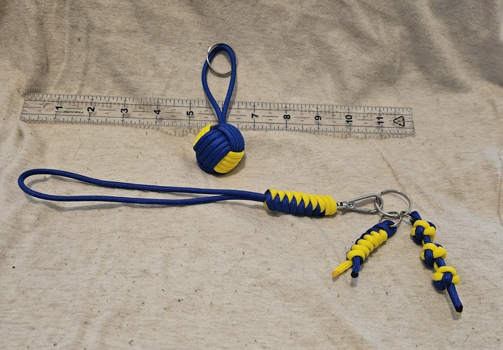 1″ Monkey’s Fist, 1 Wrist Lanyard + 2 Zipper Pulls. 550 Paracord, 1″ Steel Ball