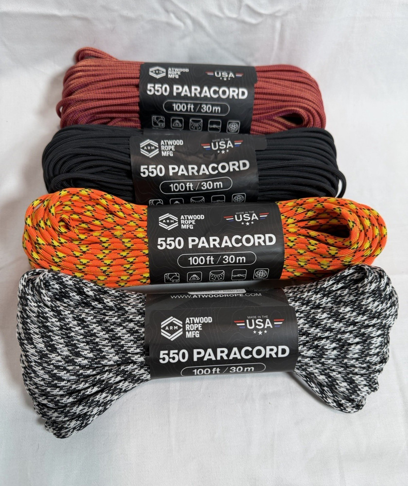 Atwood Rope MFG 550 Paracord 4-Pack 100 ft Nylon UV All Weather Red/Black