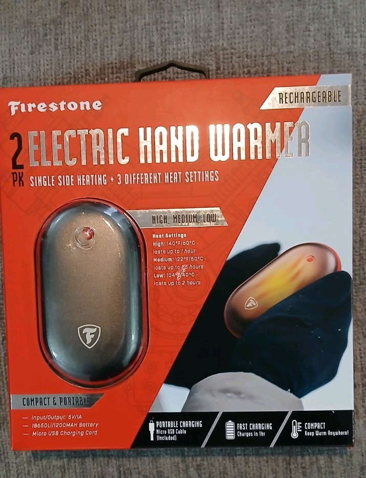 Firestone Rechargeable Electric Hand Warmer 2 Pack Adjustable Heat Gray Orange