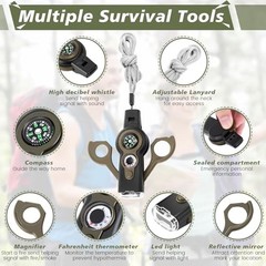 12 Pack Emergency Survival Whistle 7-in-1 Compass Hiking Survival Army Green