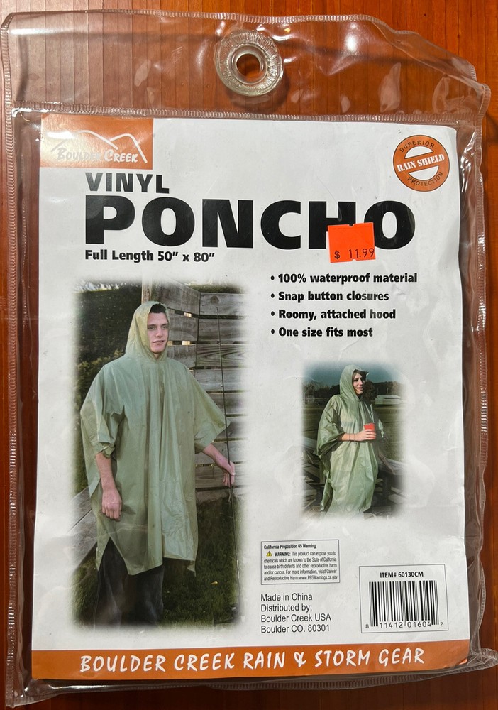 Waterproof Vinyl Rain Poncho Full Length 50″ x 80″ Boulder Creek Green