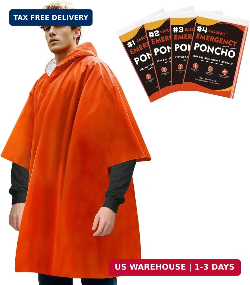 4 Pack Emergency Ponchos with Thickened Mylar Blanket Lining, Windproof, Waterpr