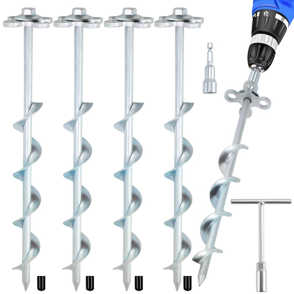 4 Pack Screw In Ground Anchors Heavy Duty Spiral Tent Stakes Silver Set